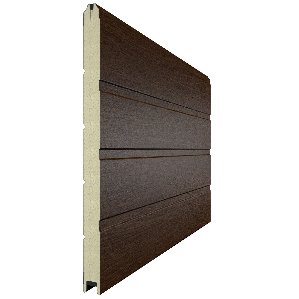 Панель секционных ворот в имитации дерева Темный дуб с дизайном Доска