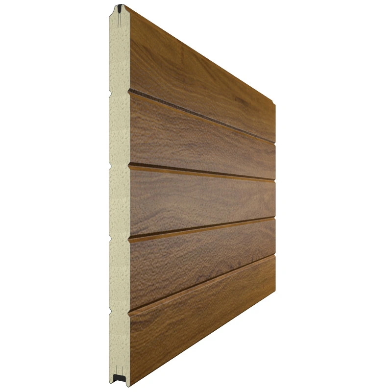 Панель секционных ворот в имитации дерева Золотой дуб с дизайном Горизонтальная полоса Гофра