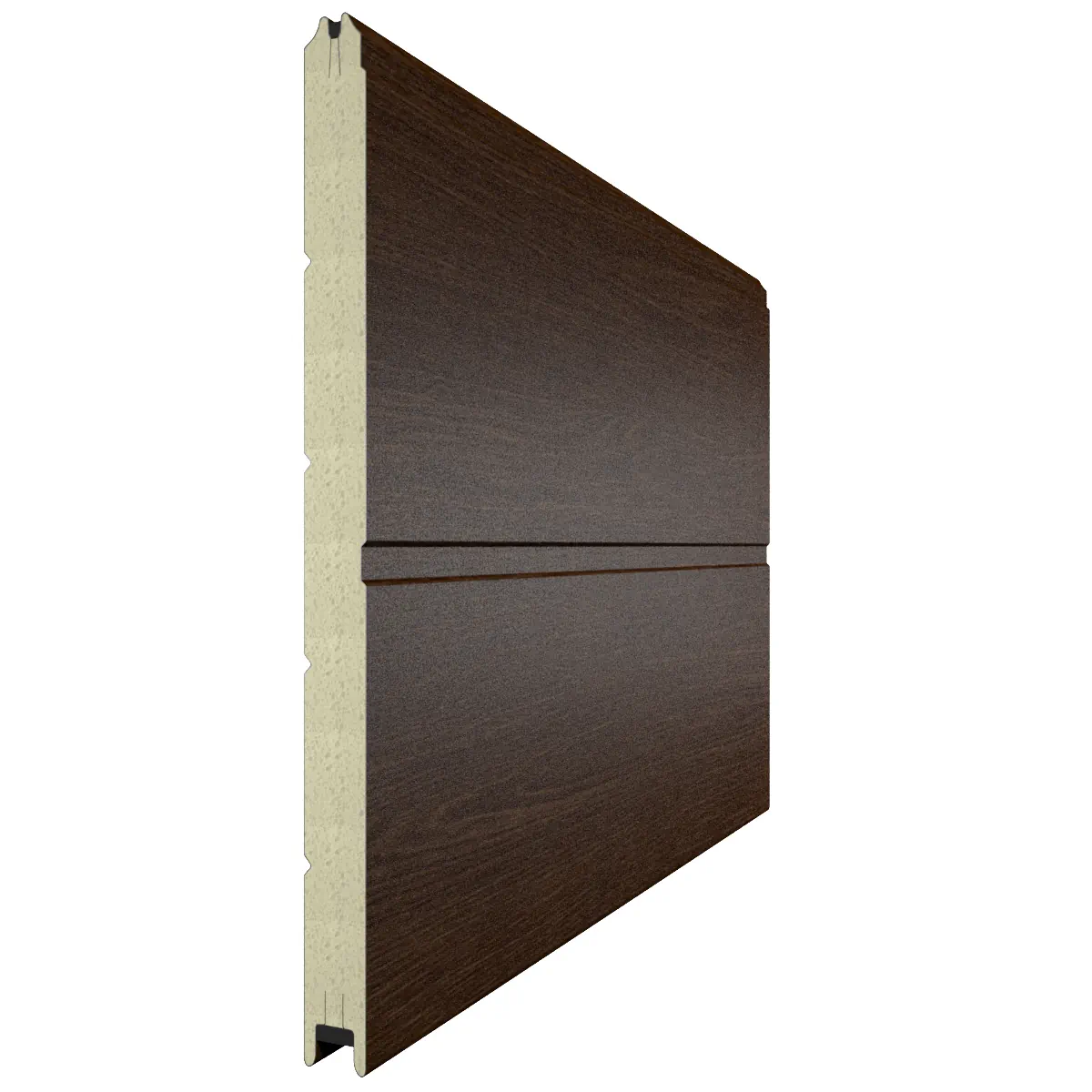 Панель секционных ворот в имитации дерева Темный дуб с дизайном Широкая полоса